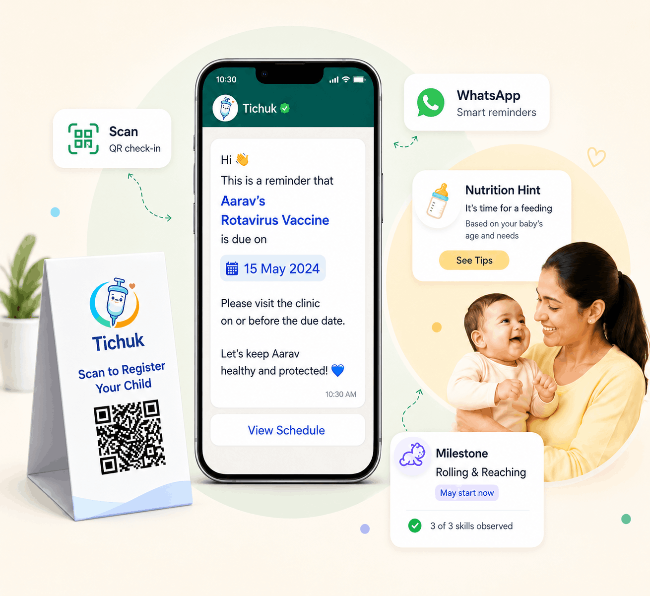 Phone and clinic QR stand showing WhatsApp child-care follow-up